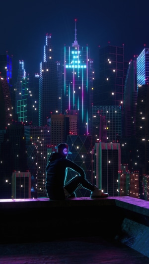 Person sitting on rooftop overlooking neon city skyline