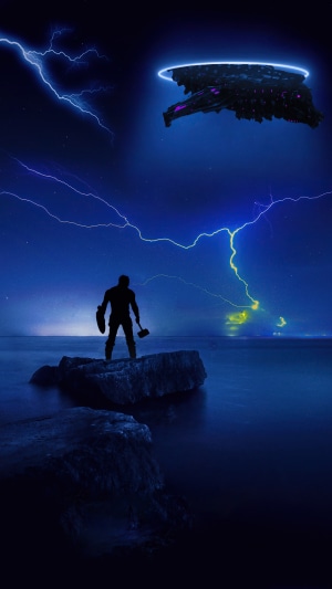 Captain America with Mjolnir and Shield facing alien ship