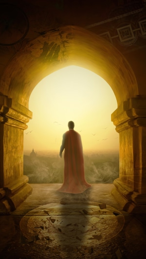 Superman standing in an ancient archway