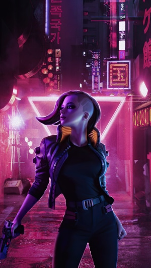 Cyberpunk woman with gun in neon city
