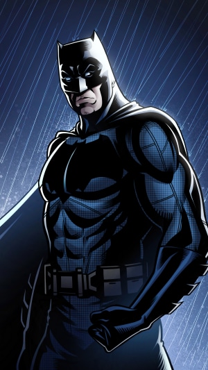 Batman in a dark, rainy setting