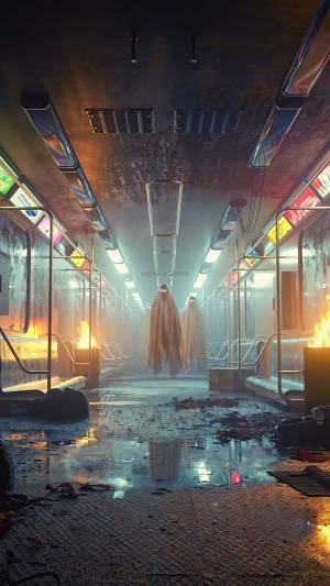 Two ghosts in a burning subway car