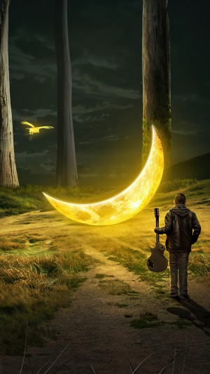 Man with guitar and crescent moon in forest
