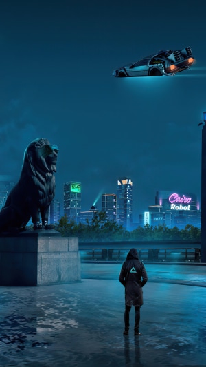 Cyberpunk city with flying car and person