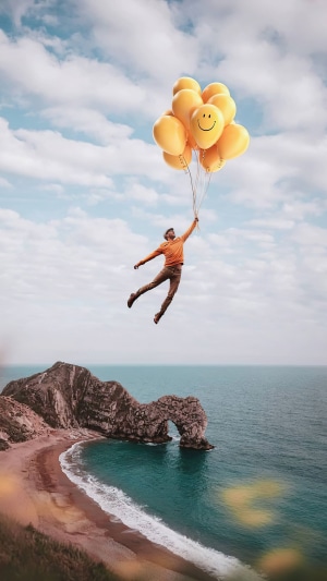Man flying with smiley balloons over Durdle Door