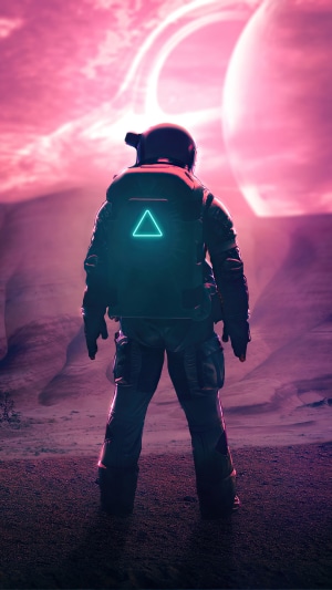 Astronaut with glowing triangle on backpack on alien planet