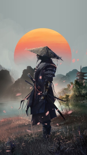 Samurai warrior in traditional armor at sunset