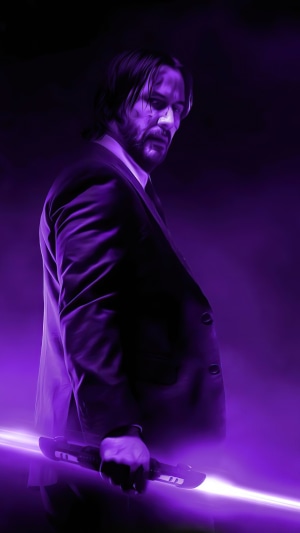 John Wick holding a purple lightsaber