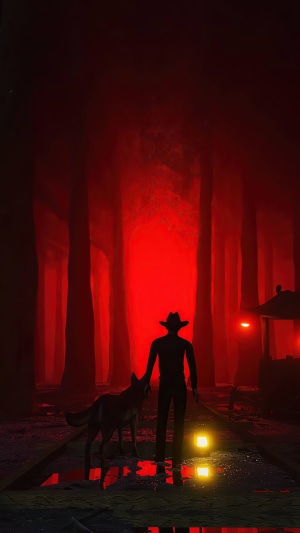 Cowboy and dog in a red forest