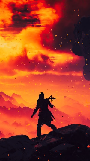 Aloy from Horizon Zero Dawn in a fiery landscape