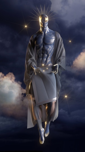 Digital art of a muscular figure with a halo