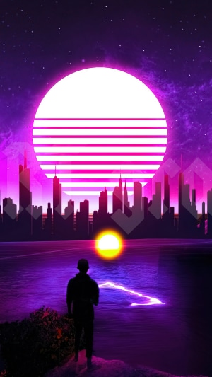 Retrowave artwork with city skyline and sun