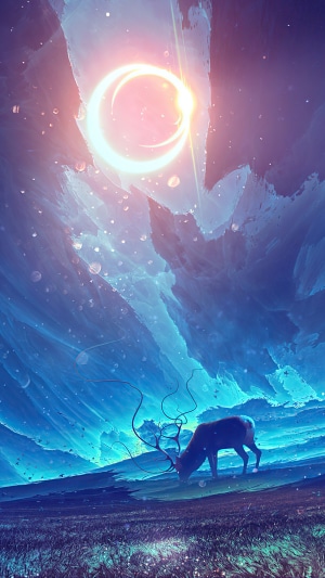 Digital art of a deer under a ringed celestial body