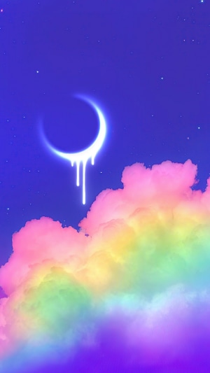 Crescent moon dripping over rainbow clouds