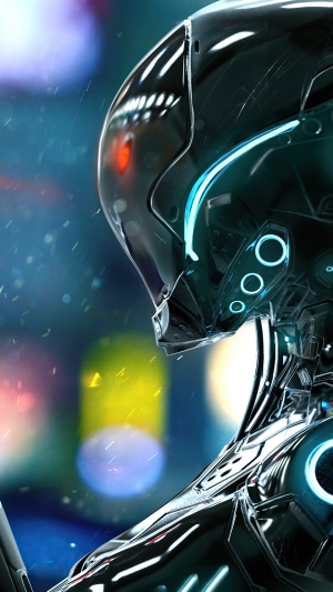 Sci-fi robot artwork with blue and red lights