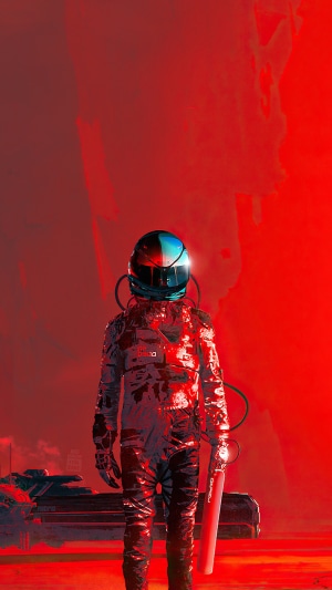 Astronaut in a red environment holding a red cylinder