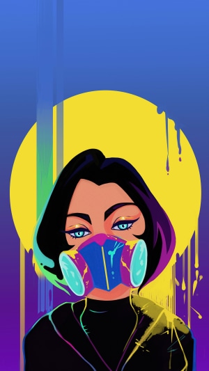 Woman wearing a gas mask with a yellow circle background