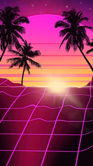 Retrowave sunset with palm trees and grid landscape
