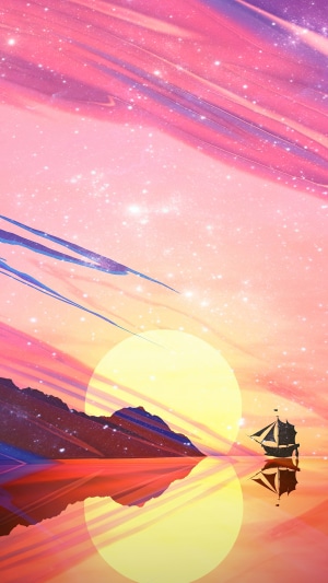 Minimalist digital art of a sailboat at sunset
