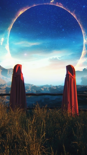 Two figures in red cloaks observe a celestial event