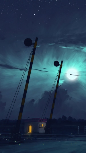 Night scene with railroad crossing gates and moon