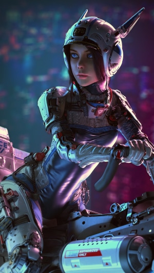 Scifi artwork of a woman on a motorcycle