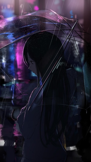 Anime girl with umbrella in the rain