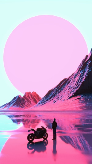 Motorcyclist and motorcycle in a surreal landscape