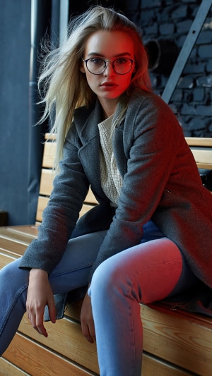 Blonde model wearing glasses and a coat