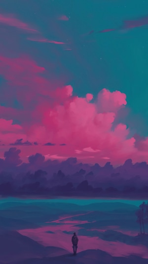 Person walking by a lake with pink and teal clouds