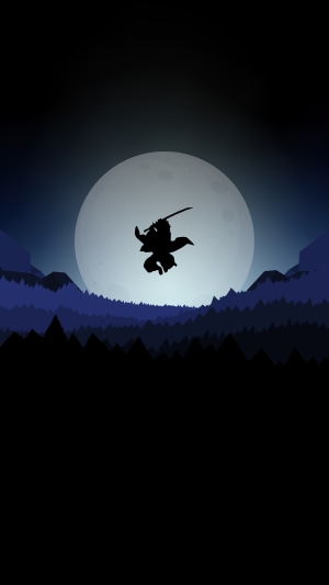 Silhouette of a swordsman jumping in front of a large moon