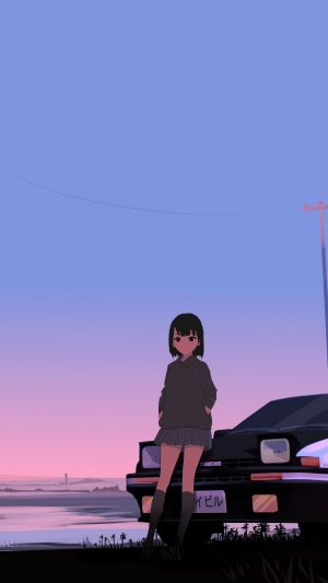 Anime girl leaning on a car at sunset