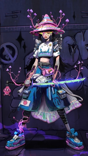 Warrior with mushroom hat and glowing sword