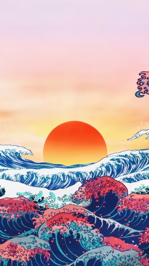 Digital Art of a Sunrise Over Stylized Waves