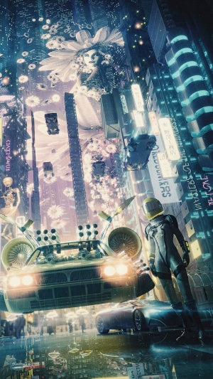 Cyberpunk city with flying cars and a woman in a suit
