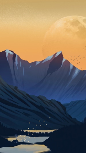 Minimalist digital art of mountains, moon, and lake