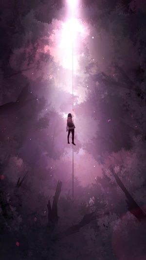 Person on a tightrope in a forest with light beam