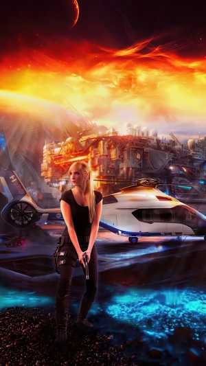 Woman with gun in scifi landscape with spaceship