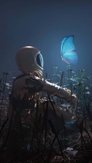 Astronaut and blue butterfly in a field