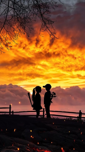 Couple silhouette at sunset with flowers and baseball bat