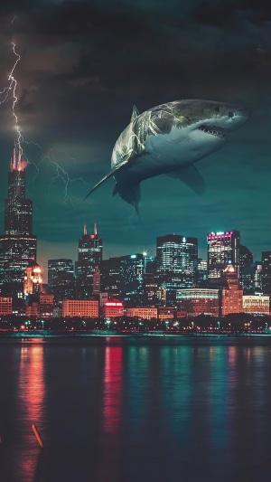 Shark flying over Chicago skyline during a thunderstorm