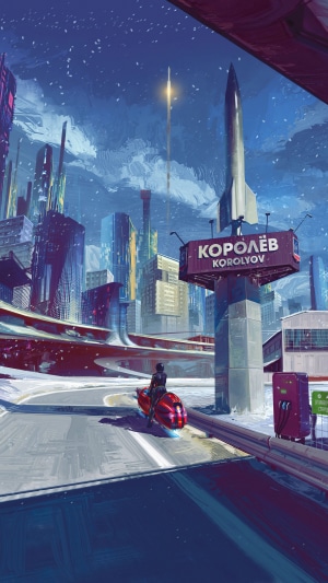 Sci-fi city of Korolyov with rocket launch