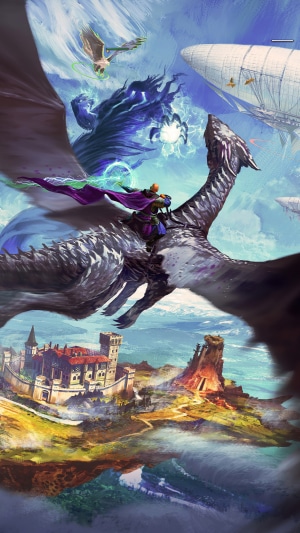Dragon rider battling a storm creature near a castle