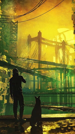 Man and dog overlook a futuristic city