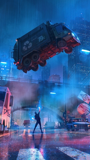 Garbage truck flying over a city street at night