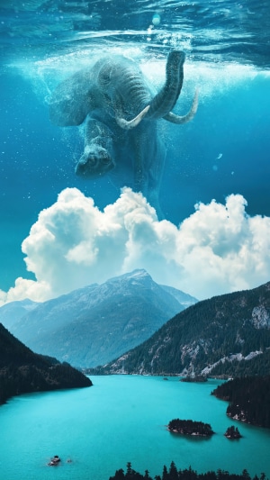 Elephant swimming underwater above mountains and lake