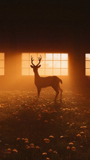 Deer in a field of flowers with windows