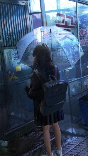Anime girl with umbrella in the rain