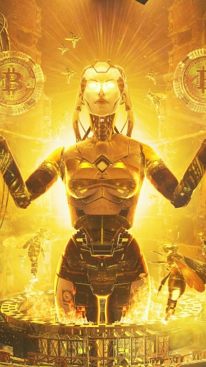 Golden Robot with Bitcoin Symbols