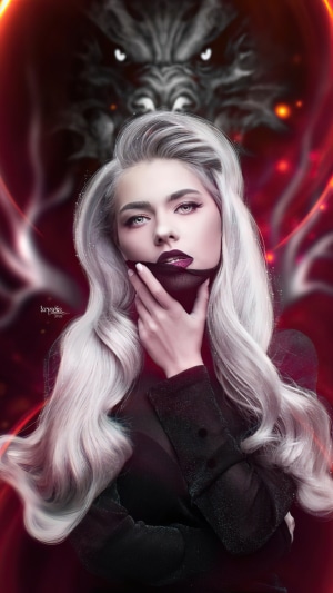 Digital artwork of a woman with a dragon in the background